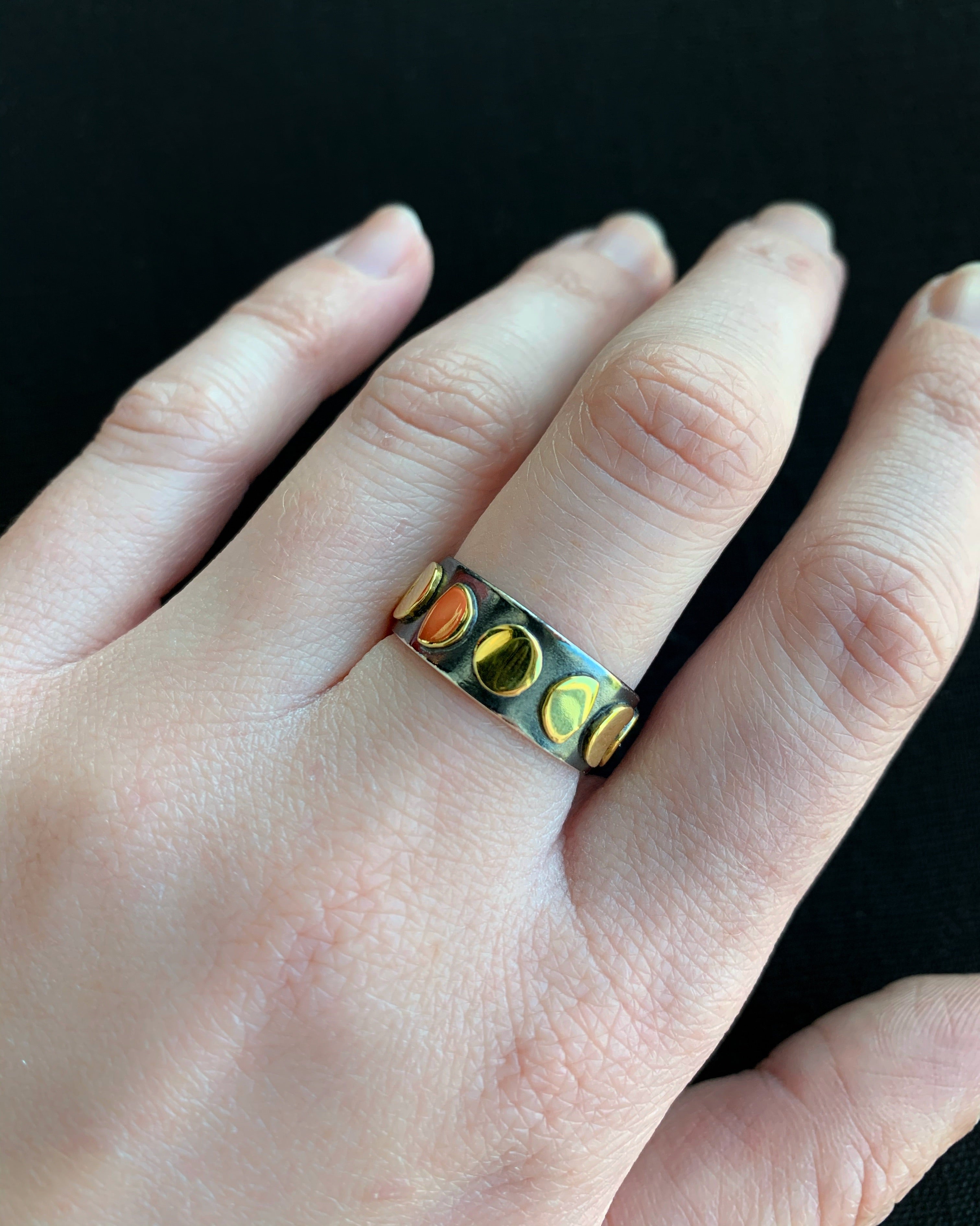 •MOON PHASES• silver & bronze wide band ring