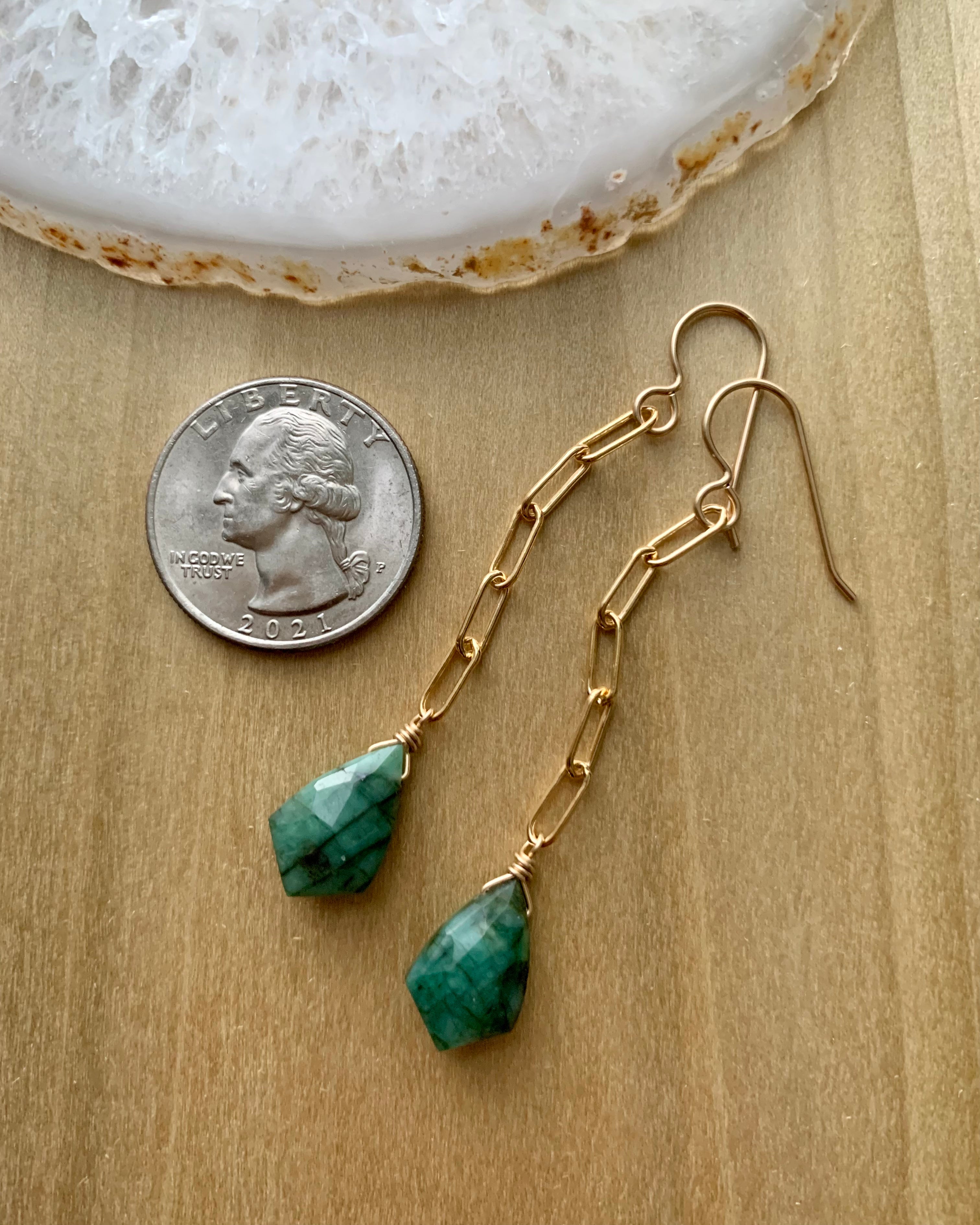 • LINKED • emerald + gold dangle earrings